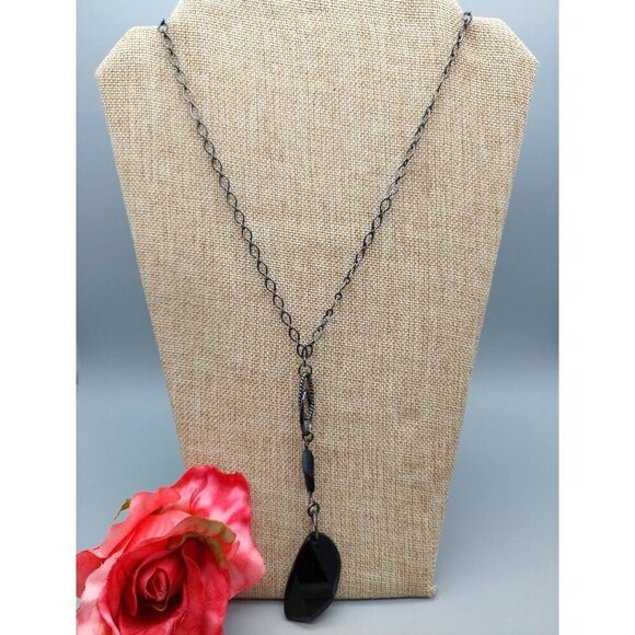 Black Gunmetal Faceted Bead Pendant Convertible Chain Necklace Choker Goth 32" - Picture 4 of 12